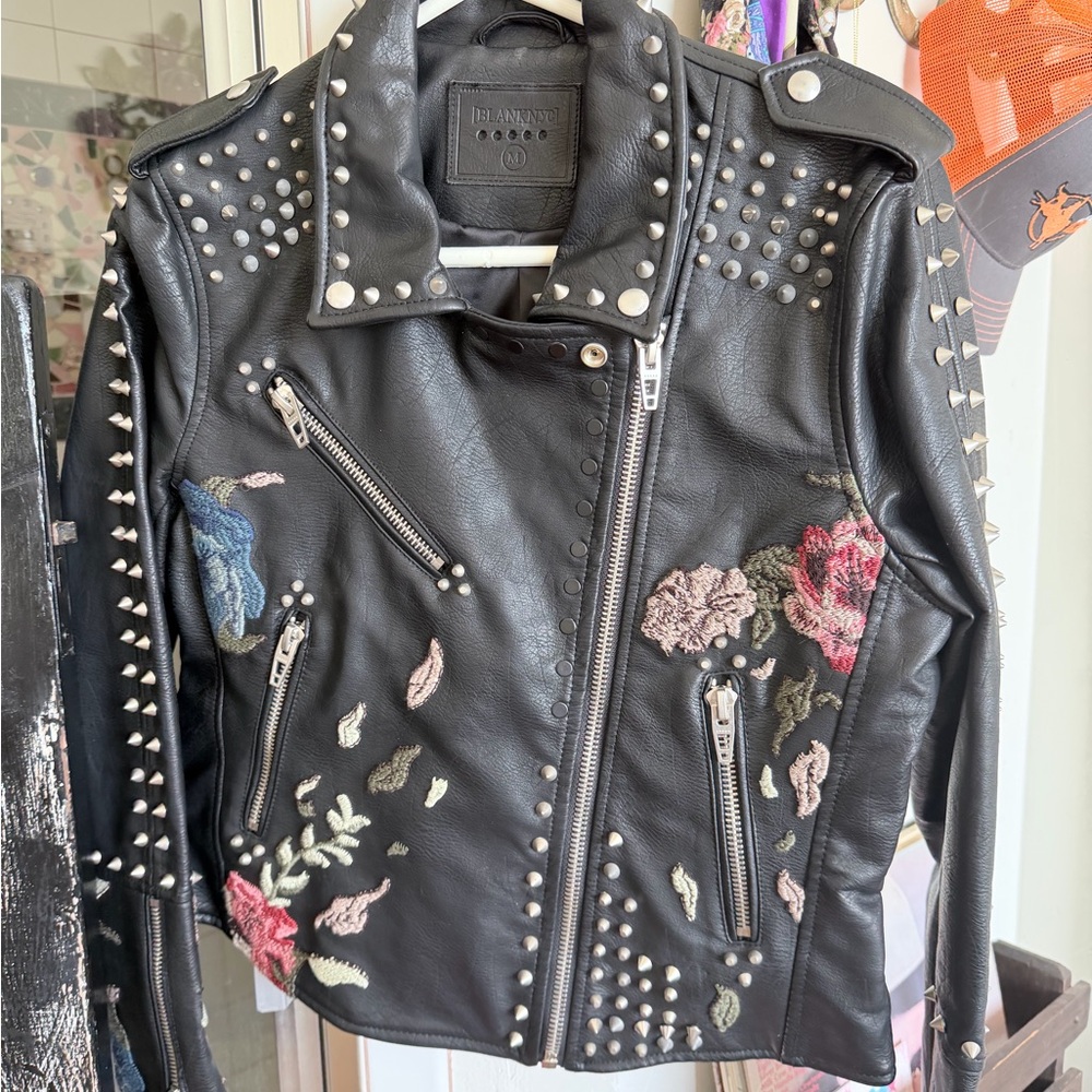 Blank NYC Black Leather Jacket with Studs and Floral Embroidery